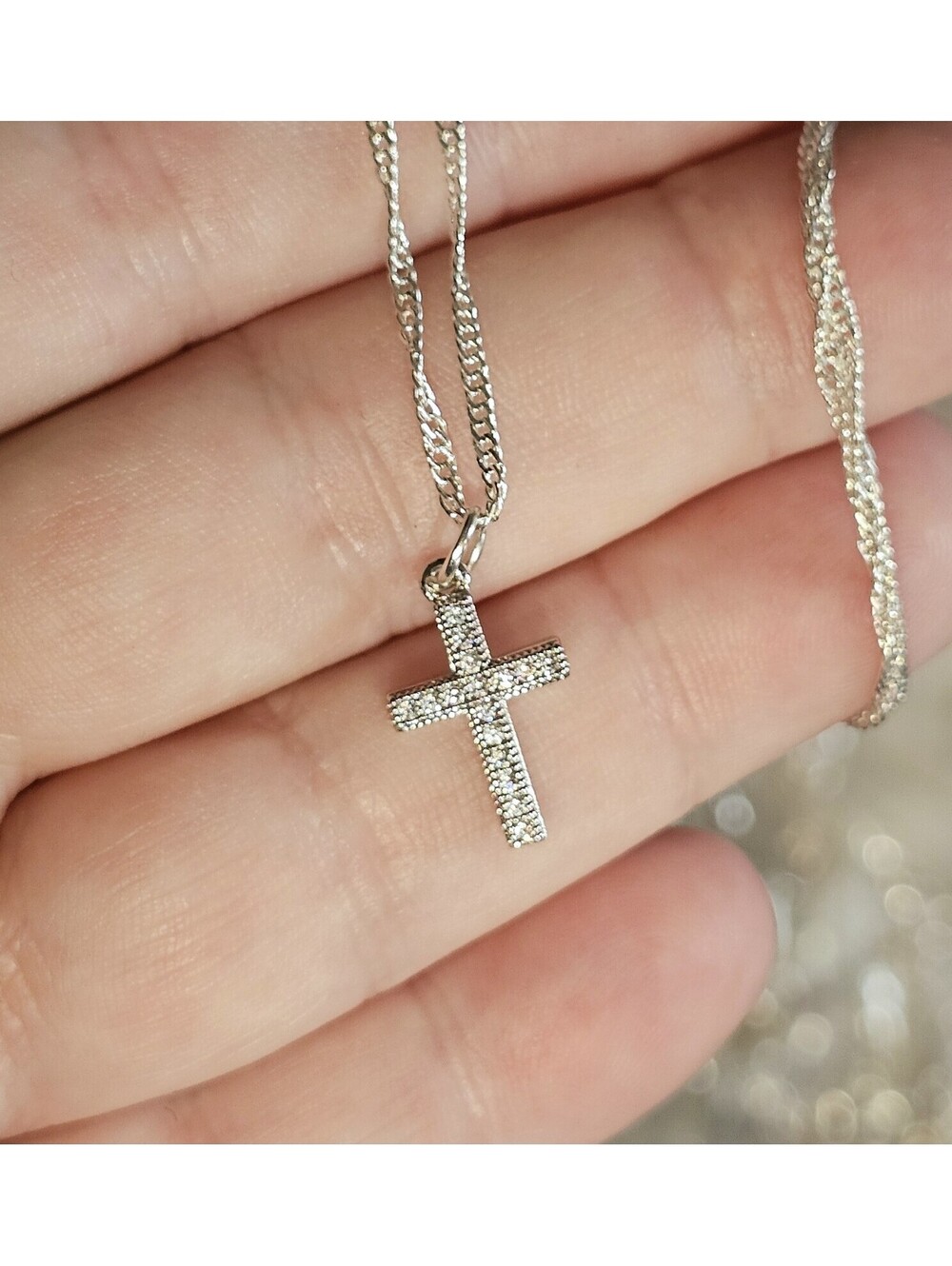 Dainty Silver Pave CZ Cross Pendant Necklace 925 Sterling Chain